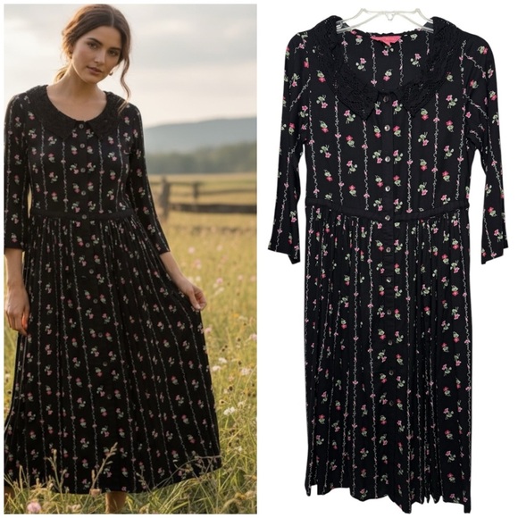 April Cornell Tie Back Floral Midi Dress Sz XXS XS S Black Boho Cottage Western - Picture 1 of 9